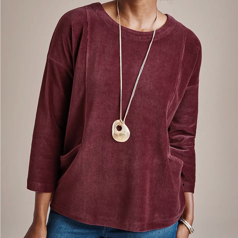 Pure Jill J.Jill dark burgundy moody corded velour pockets top 3/4 sleeve XSP